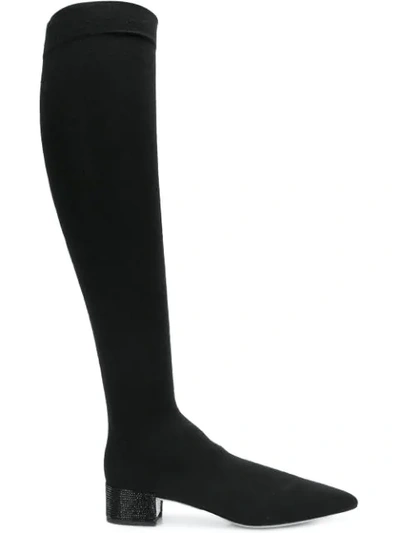 Shop René Caovilla Embellished Heel Knee High Boots In Black