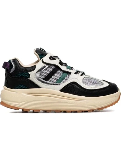 white, black and green turbo suede and mesh sneakers