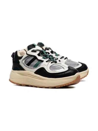 white, black and green turbo suede and mesh sneakers