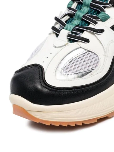 white, black and green turbo suede and mesh sneakers