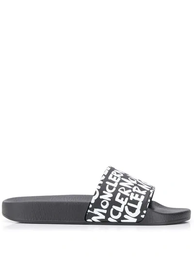 Shop Moncler Graffiti Logo Print Slide Sandals In Black