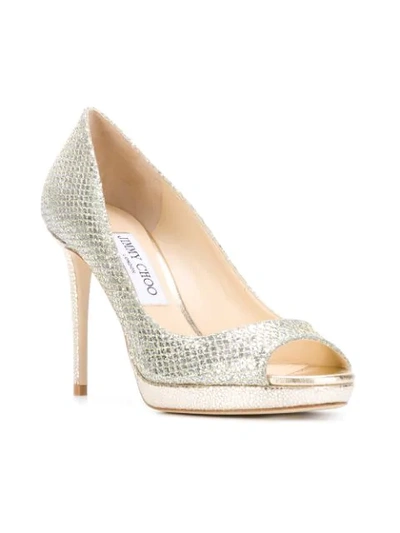Jimmy Choo Luna 100 Champagne Glitter Fabric Peep Toe Platform Pumps