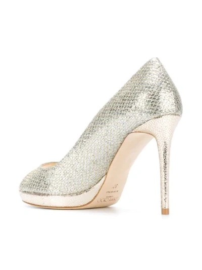 Jimmy Choo Luna 100 Champagne Glitter Fabric Peep Toe Platform Pumps