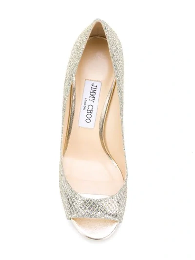 Jimmy Choo Luna 100 Champagne Glitter Fabric Peep Toe Platform Pumps