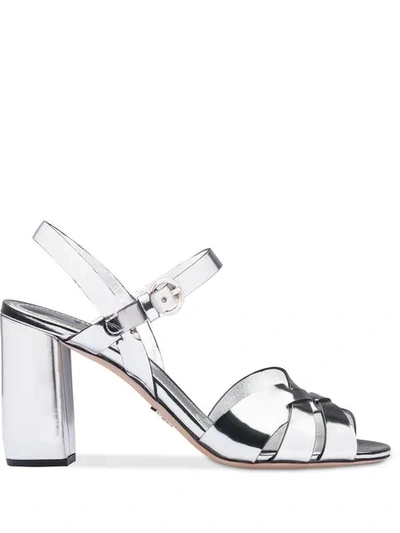 Shop Prada Strappy Block Heel Sandals In Silver