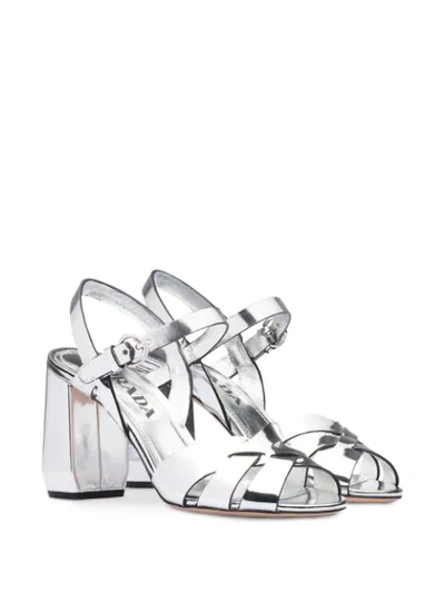 Shop Prada Strappy Block Heel Sandals In Silver