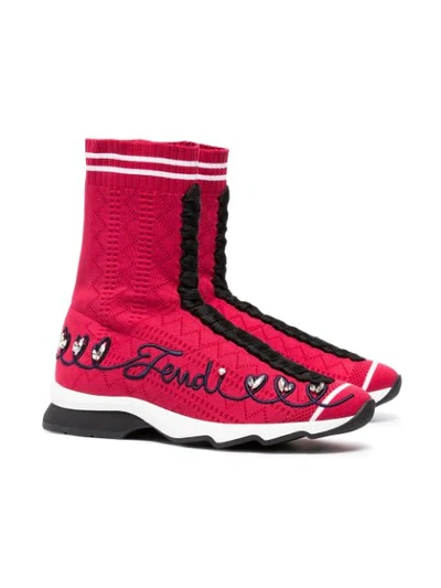 Shop Fendi Embroidered Logo Sneaker Boots In Red