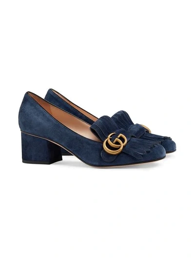 Shop Gucci Suede Mid-heel Pump With Double G In Blue