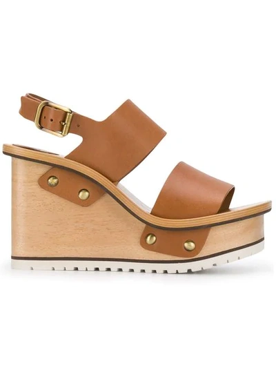 Shop Chloé Buckle Wedge Sandals In Brown