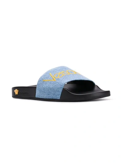 Shop Versace Embroidered Logo Slides In Black