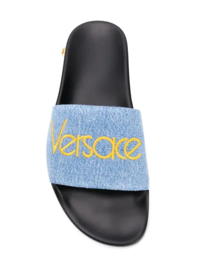 Shop Versace Embroidered Logo Slides In Black