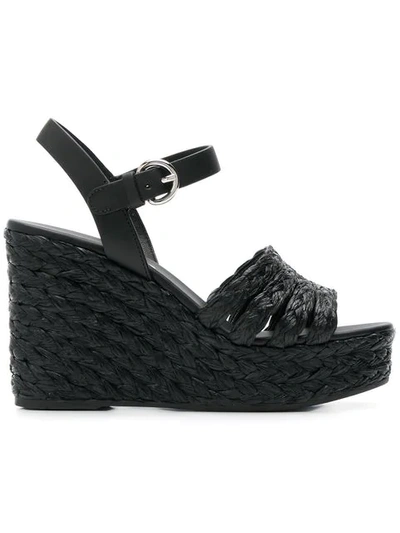 Shop Prada Raffia Wedge Sandals In Black