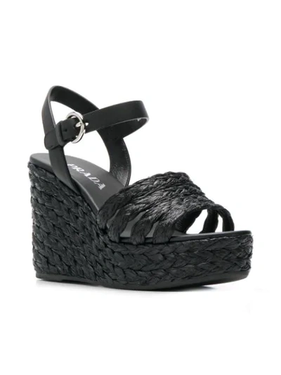 Shop Prada Raffia Wedge Sandals In Black