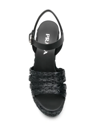 Shop Prada Raffia Wedge Sandals In Black