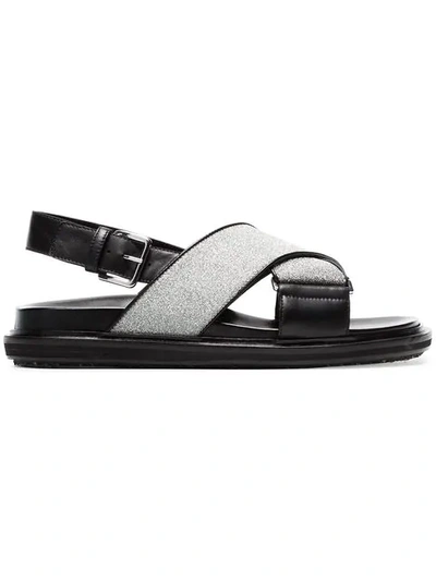 black and silver Fussbett cross-over lurex leather sandals