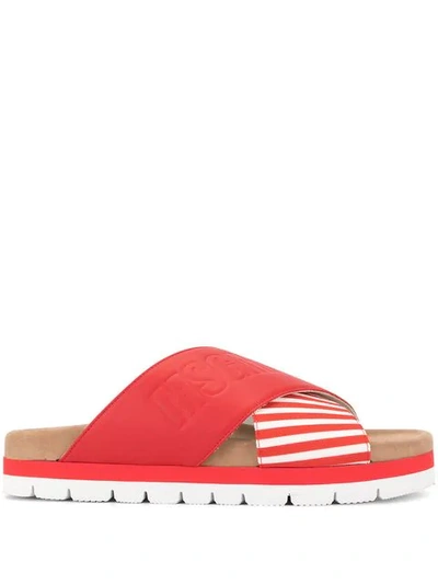 Shop Msgm Striped Cross Strap Slippers In Red