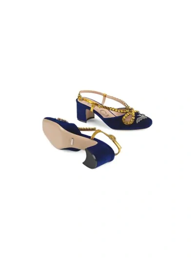 Shop Gucci Velvet Pump With Bat And Crystals In Blue