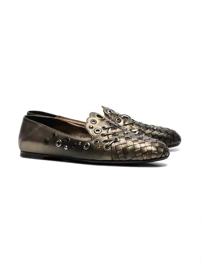 Shop Bottega Veneta Metallic Eyelet Detail Woven Leather Pumps In Platinum