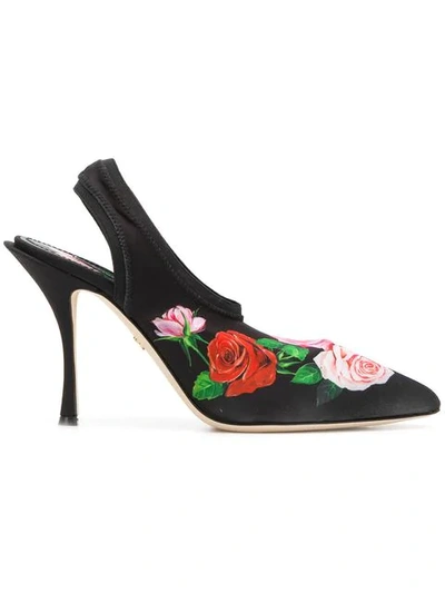 Shop Dolce & Gabbana Rose-print Slingback Mules In Black