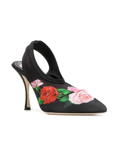 Shop Dolce & Gabbana Rose-print Slingback Mules In Black