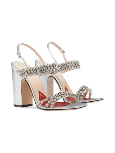 Shop Gucci Metallic Leather Sandal With Crystals In Silver