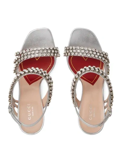Shop Gucci Metallic Leather Sandal With Crystals In Silver