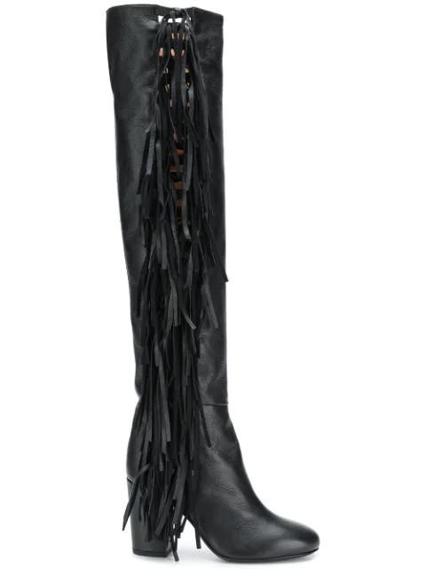 black leather fringe boots