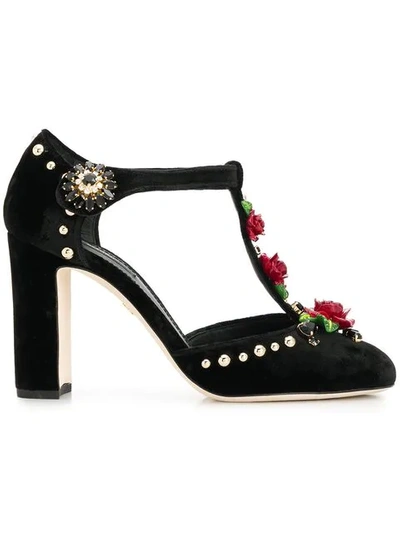 Shop Dolce & Gabbana Embroidered T-straps Pumps In Black