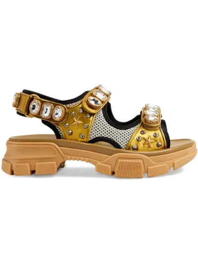 Shop Gucci Metallic Leather Sandal With Crystals In 8065 Gold
