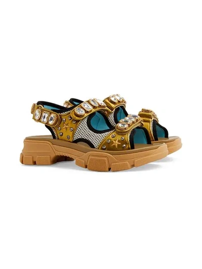 Shop Gucci Metallic Leather Sandal With Crystals In 8065 Gold