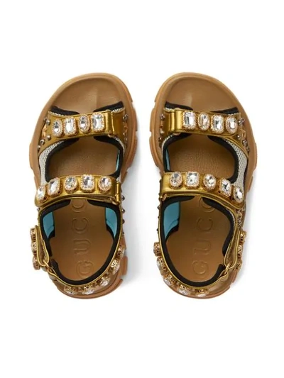 Shop Gucci Metallic Leather Sandal With Crystals In 8065 Gold