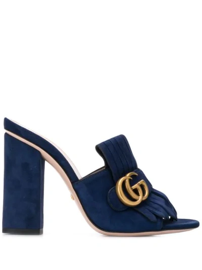 Shop Gucci Gg Logo Buckle Heeled Sandals In Blue