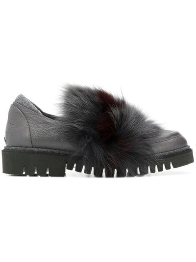 Shop Lorena Antoniazzi Fur Embellished Loafers In Grey