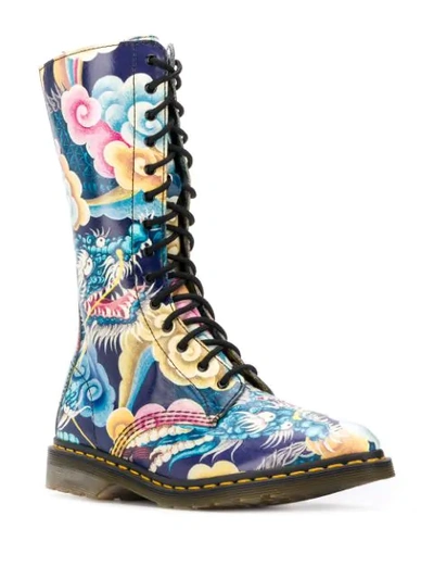 Pre-owned Yohji Yamamoto X Dr. Martens 2000s Japanese Print Combat Boots In Blue