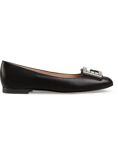Shop Gucci Leather Ballet Flat With Crystal G In Black