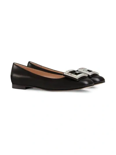 Shop Gucci Leather Ballet Flat With Crystal G In Black