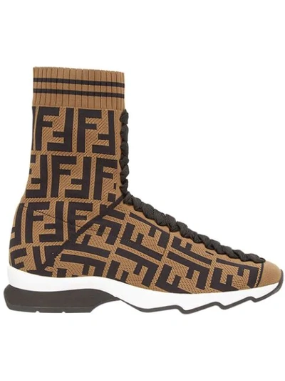 Shop Fendi Logo Sock Sneaker Boots In Brown