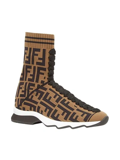 Shop Fendi Logo Sock Sneaker Boots In Brown