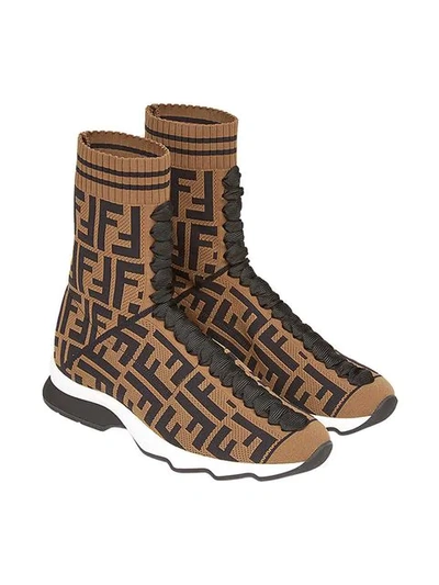 Shop Fendi Logo Sock Sneaker Boots In Brown