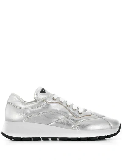 Shop Prada Top Stitched Low Top Sneakers In Silver