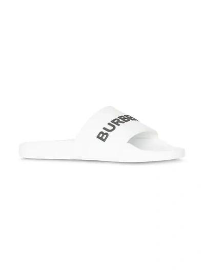 Shop Burberry Kingdom Print Slides In White