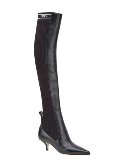 Shop Fendi Rockoko Thigh-high Boots In F07lv-black+black White