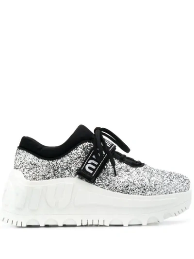 Shop Miu Miu Glitter Platform Sneakers In Argento