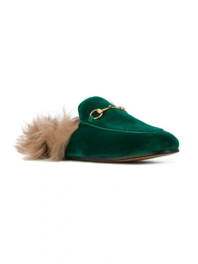 Shop Gucci Emerald Princetown Velvet Fur Lined Mules In 3182 Green
