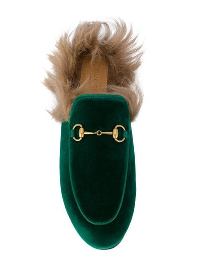 Shop Gucci Emerald Princetown Velvet Fur Lined Mules In 3182 Green