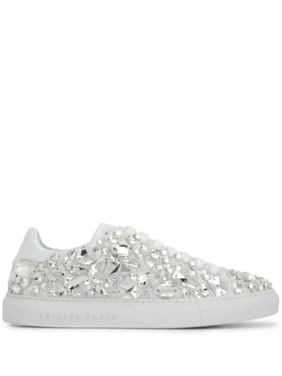 Shop Philipp Plein Lo-top Crystal Embellished Snakers In White