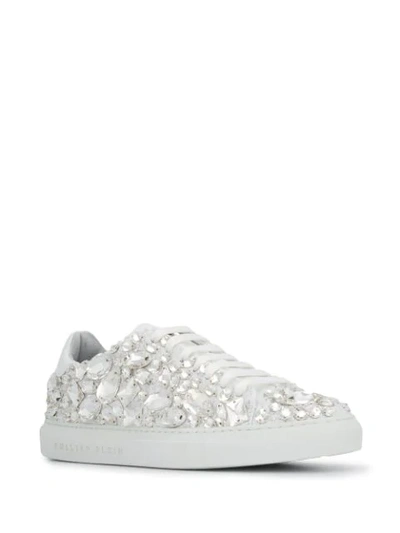 Shop Philipp Plein Lo-top Crystal Embellished Snakers In White