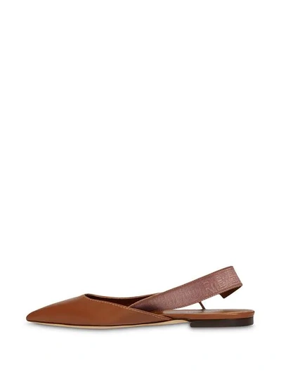 Shop Burberry Logo Detail Leather Slingback Flats In Tan