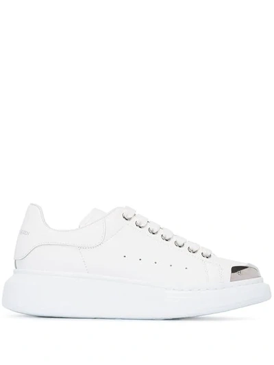 ALEXANDER MCQUEEN WHITE AND SILVER TONE OVERSIZED LEATHER SNEAKERS - 白色