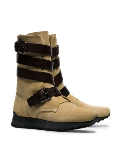 LOEWE BROWN SUE STRAPPY SUEDE AND LEATHER FLAT BOOTS - 大地色